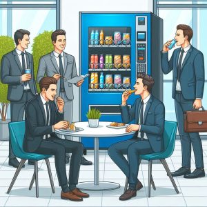 colleagues gathering around a vending machine